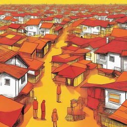 An artistic representation in orange, red and yellow colors depicting inequality in life, showing stark differences in living conditions, opportunities, and wealth.