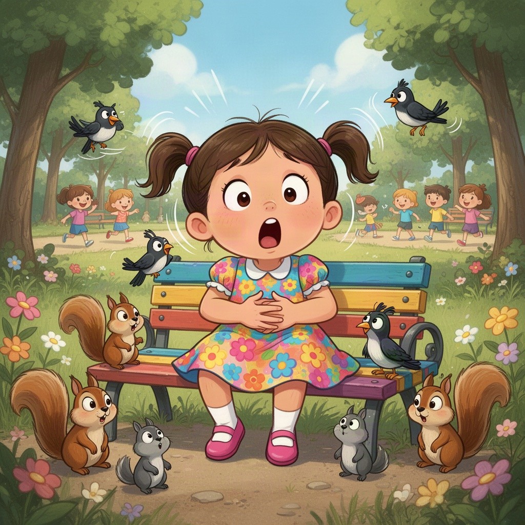 A whimsical and humorous cartoon of a cute girl misadventuring in a playful manner, holding her stomach in surprise while sitting on a colorful park bench