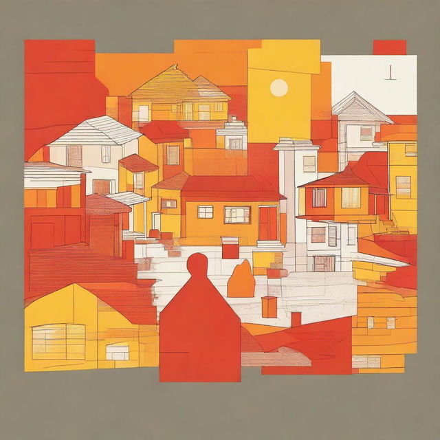 An artistic representation in orange, red and yellow colors depicting inequality in life, showing stark differences in living conditions, opportunities, and wealth.