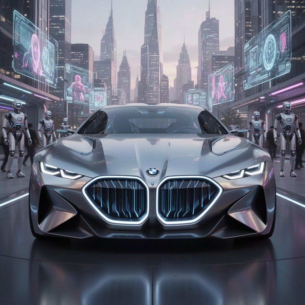 A revolutionary futuristic BMW car displayed prominently from the front view, showcasing its sleek aerodynamic design with sharp, bold contours and innovative features