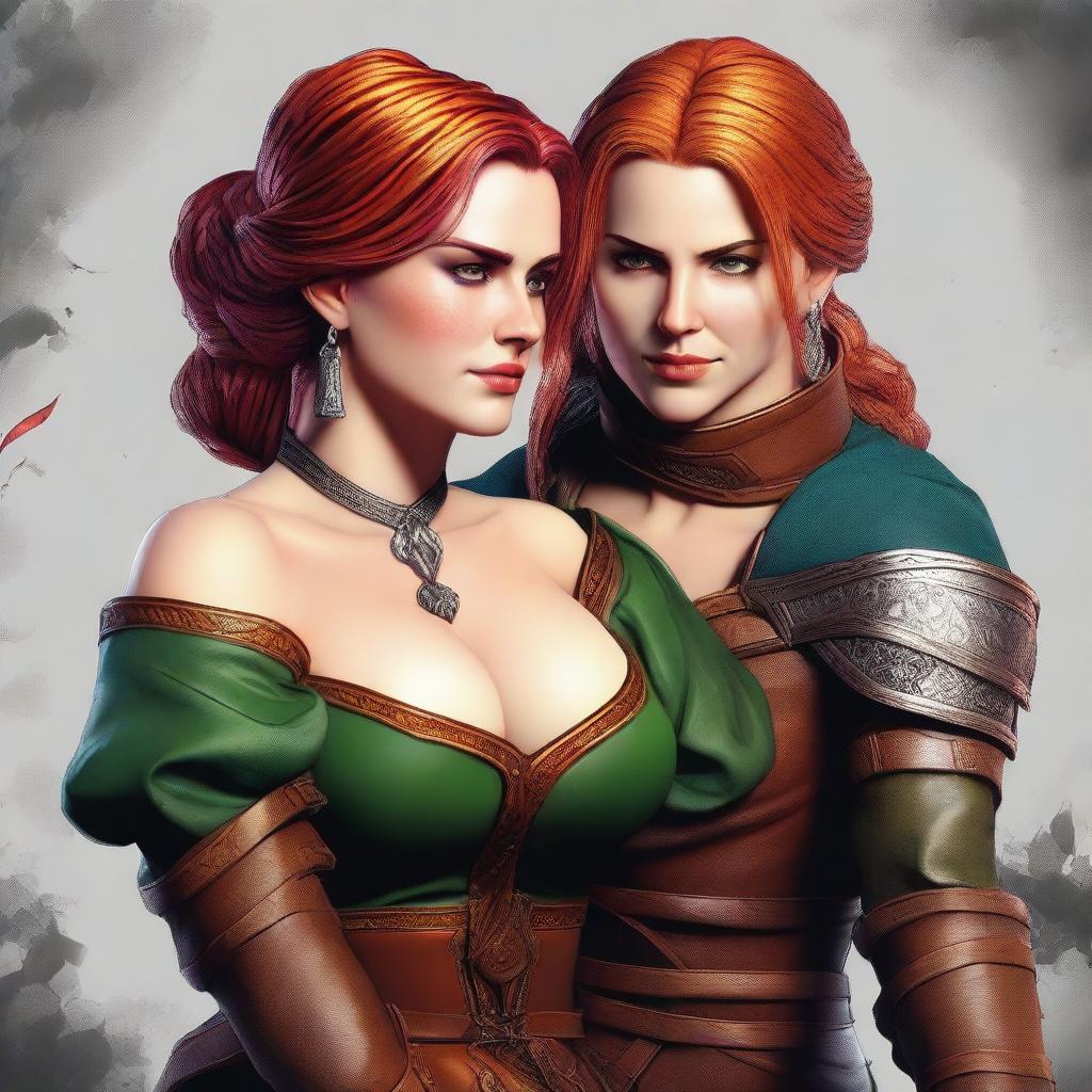 An exquisite digital art piece featuring Triss Marigold from The Witcher series and Freya from the God of War series