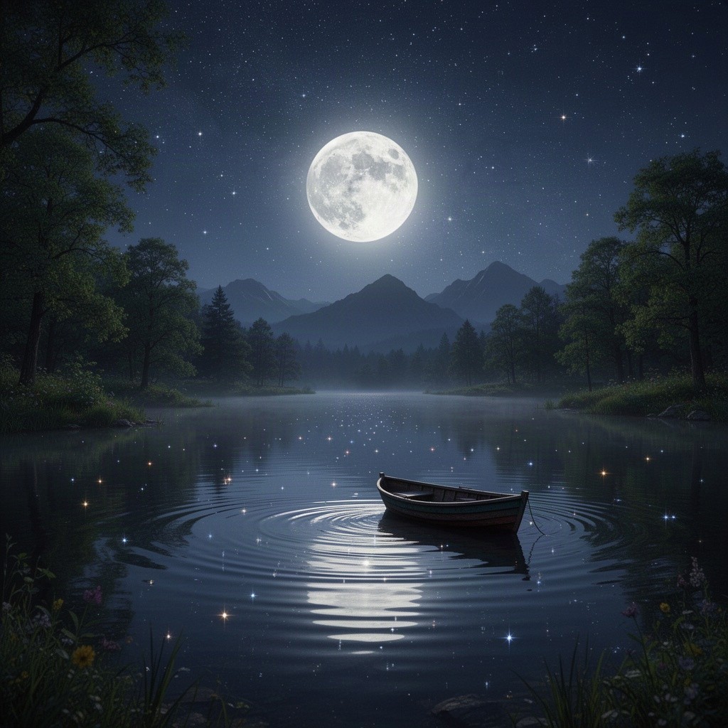 A serene night scene showcasing a full moon casting a soft glow over a tranquil lake, surrounded by lush trees and starry skies