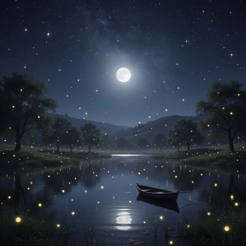 A serene night scene depicting a starry sky filled with twinkling stars and a bright, glowing moon