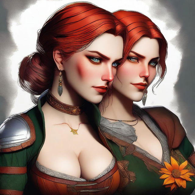 An exquisite digital art piece featuring Triss Marigold from The Witcher series and Freya from the God of War series