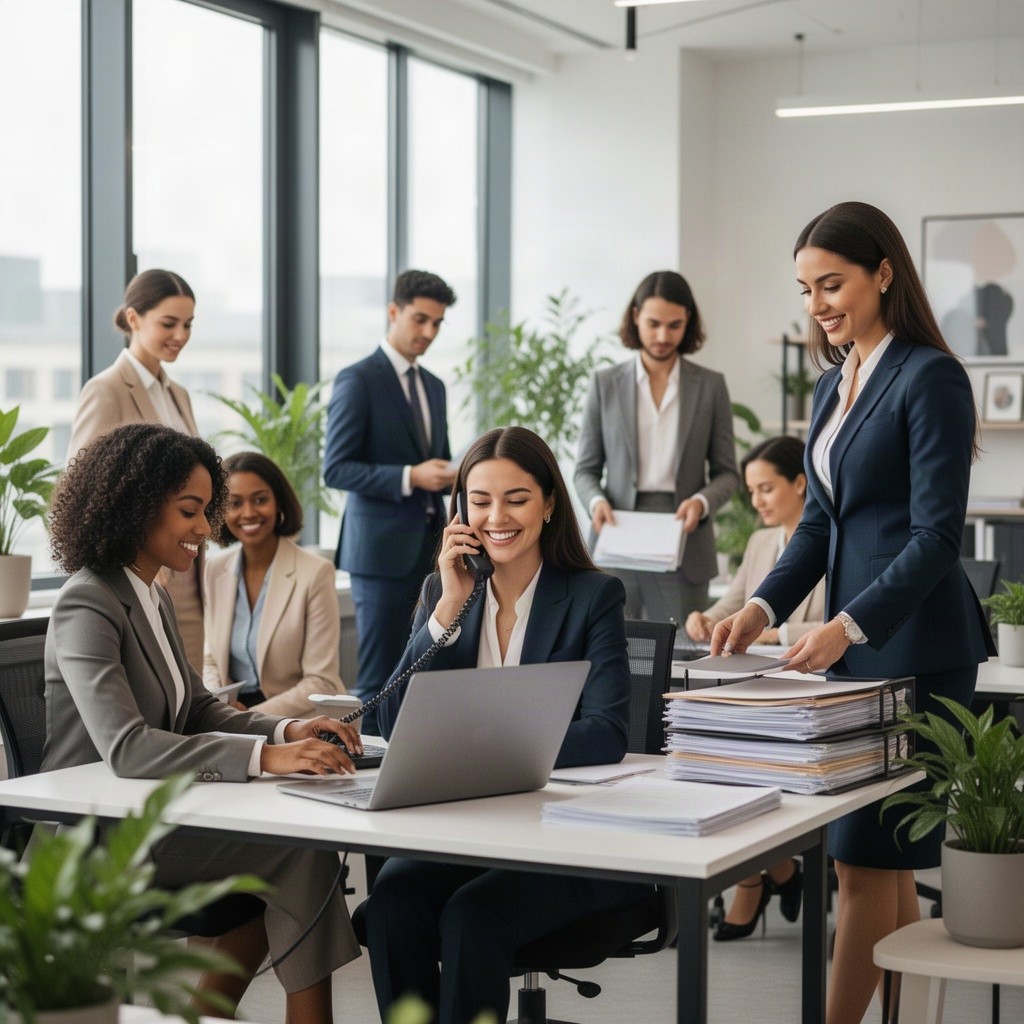 A stylish office scene featuring a group of professional secretaries in a modern workspace