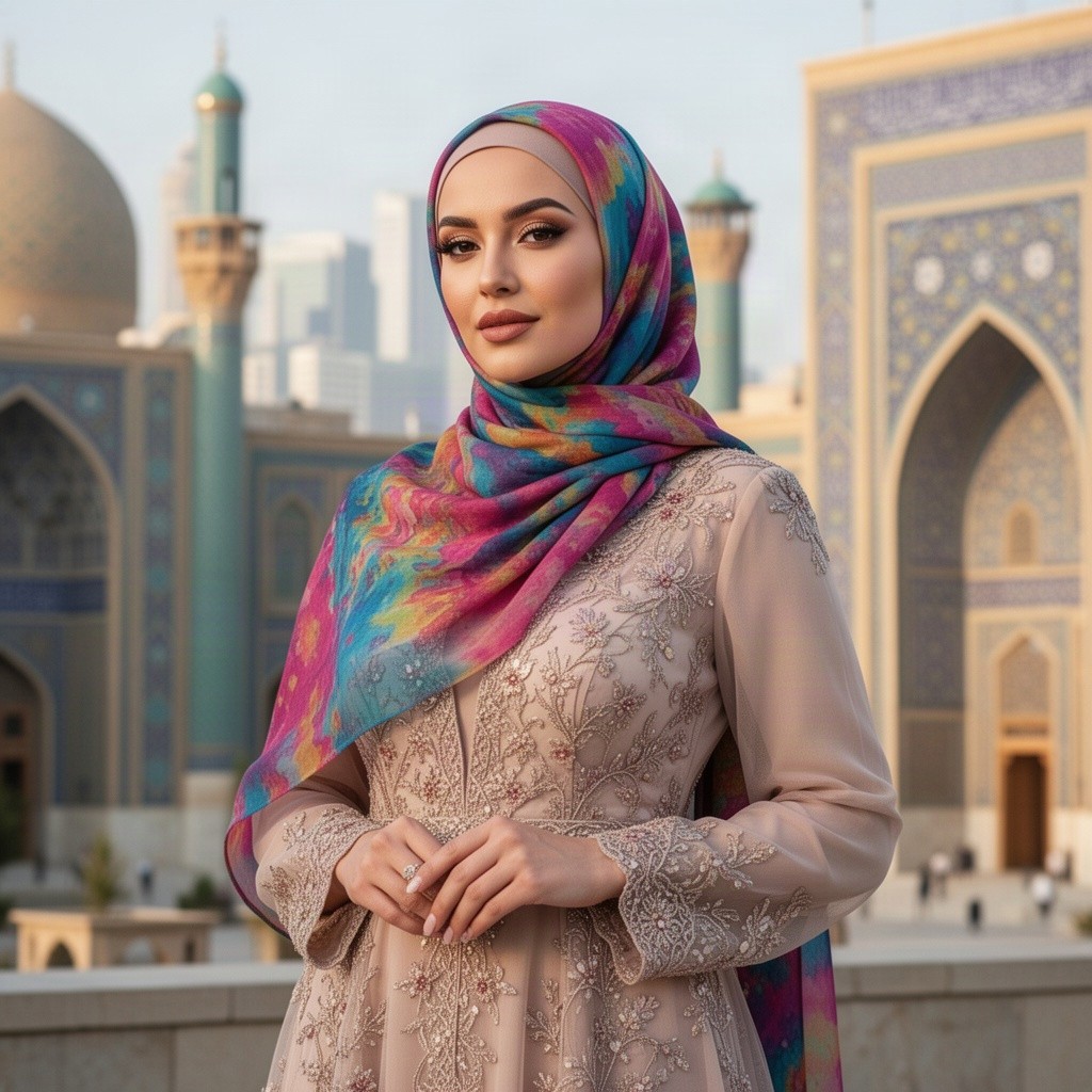 A beautifully styled woman wearing a colorful hijab, showcasing her confident posture