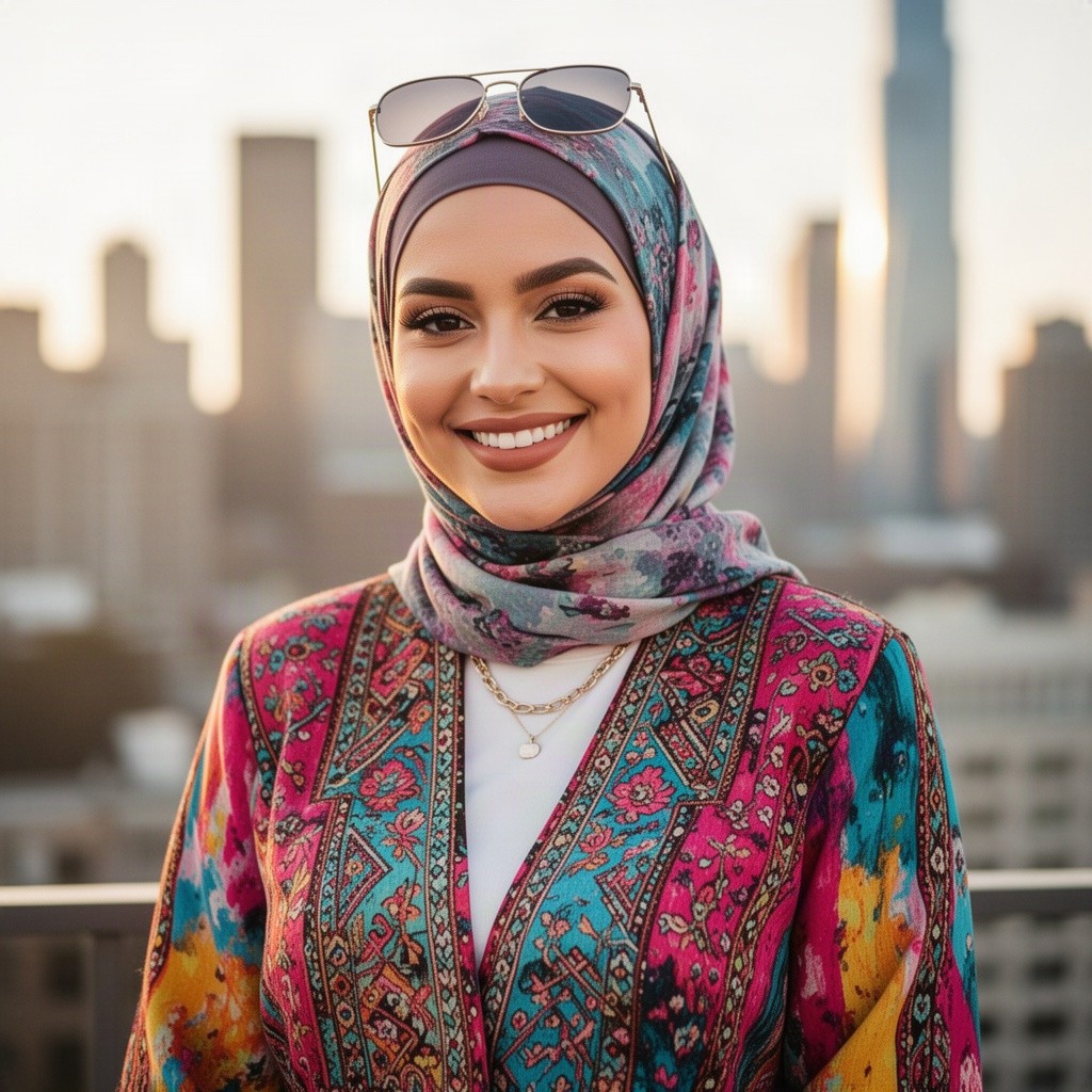 A beautiful woman wearing a stylish hijab, combining traditional elements with modern fashion