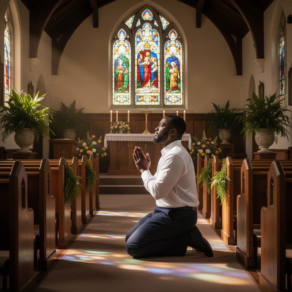 A soulful scene depicting a Black man in a peaceful church setting, kneeling in prayer