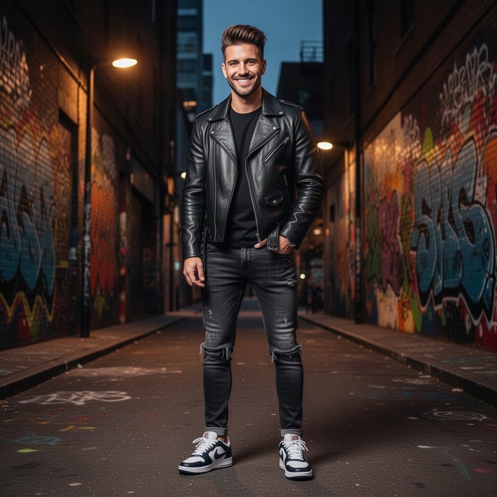 A striking image of a man standing confidently against a vibrant urban backdrop