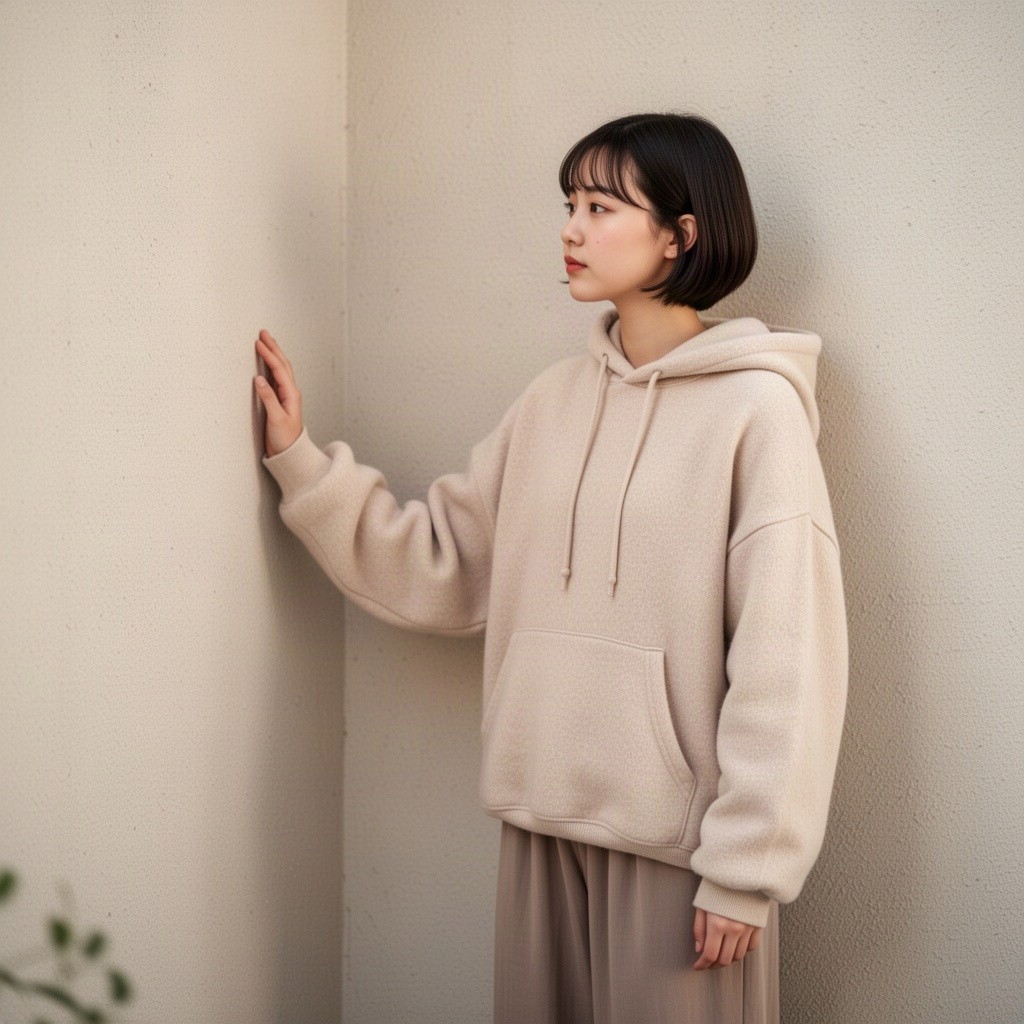 A girl with short hair, wearing a cozy hoodie and long pants, standing against a wall with her hand gently touching it