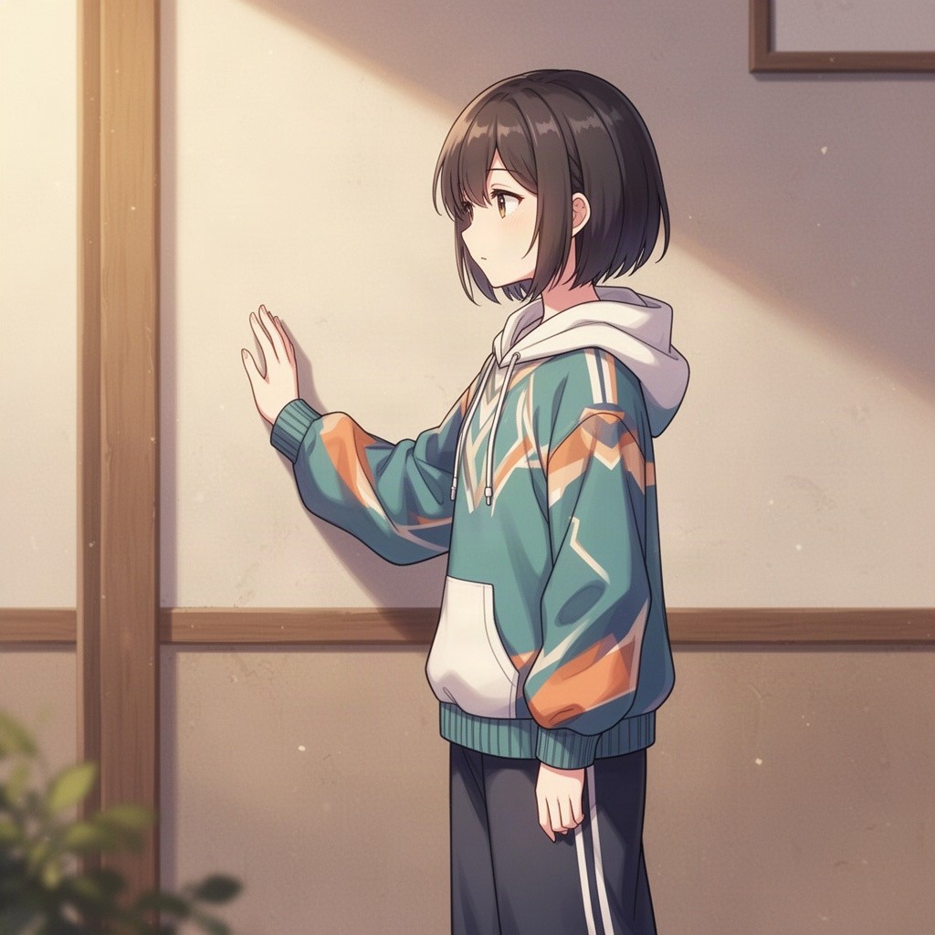 An anime girl with short hair, wearing a stylish hoodie and long pants, standing facing a wall with her hand lightly touching it