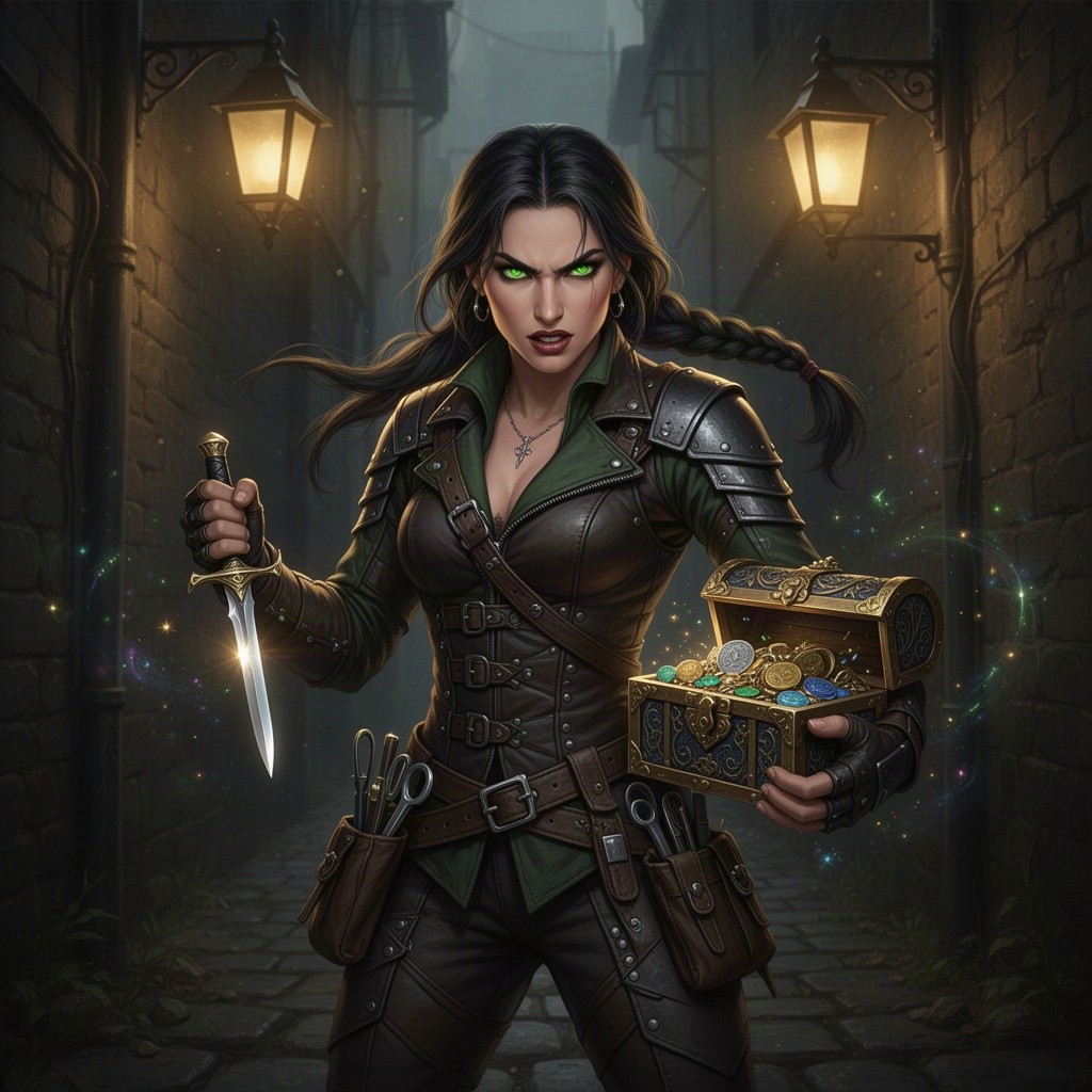 A fierce and cunning female rogue character from a fantasy Dungeons & Dragons setting