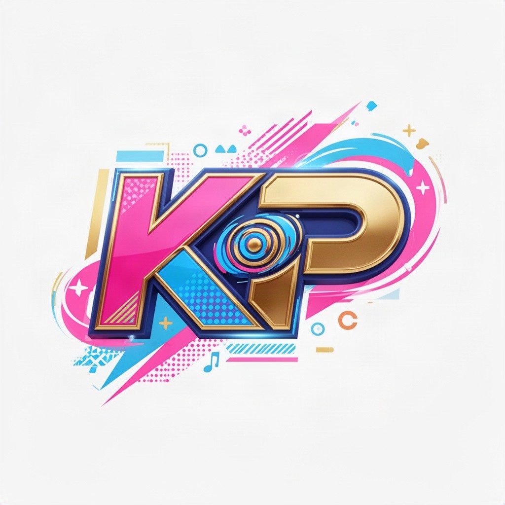 A vibrant and modern K-pop logo design, incorporating elements like a stylized letter 'K' and 'P', bright colors such as pink, blue, and gold, along with dynamic shapes that reflect the energetic vibe of K-pop music