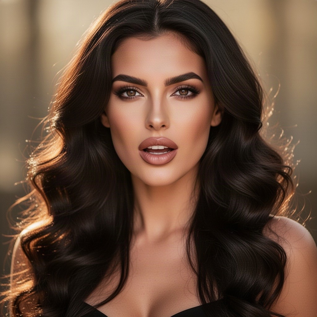 A stunning dark-haired woman with piercing eyes and sensuous open lips, featuring long wavy hair cascading down her shoulders