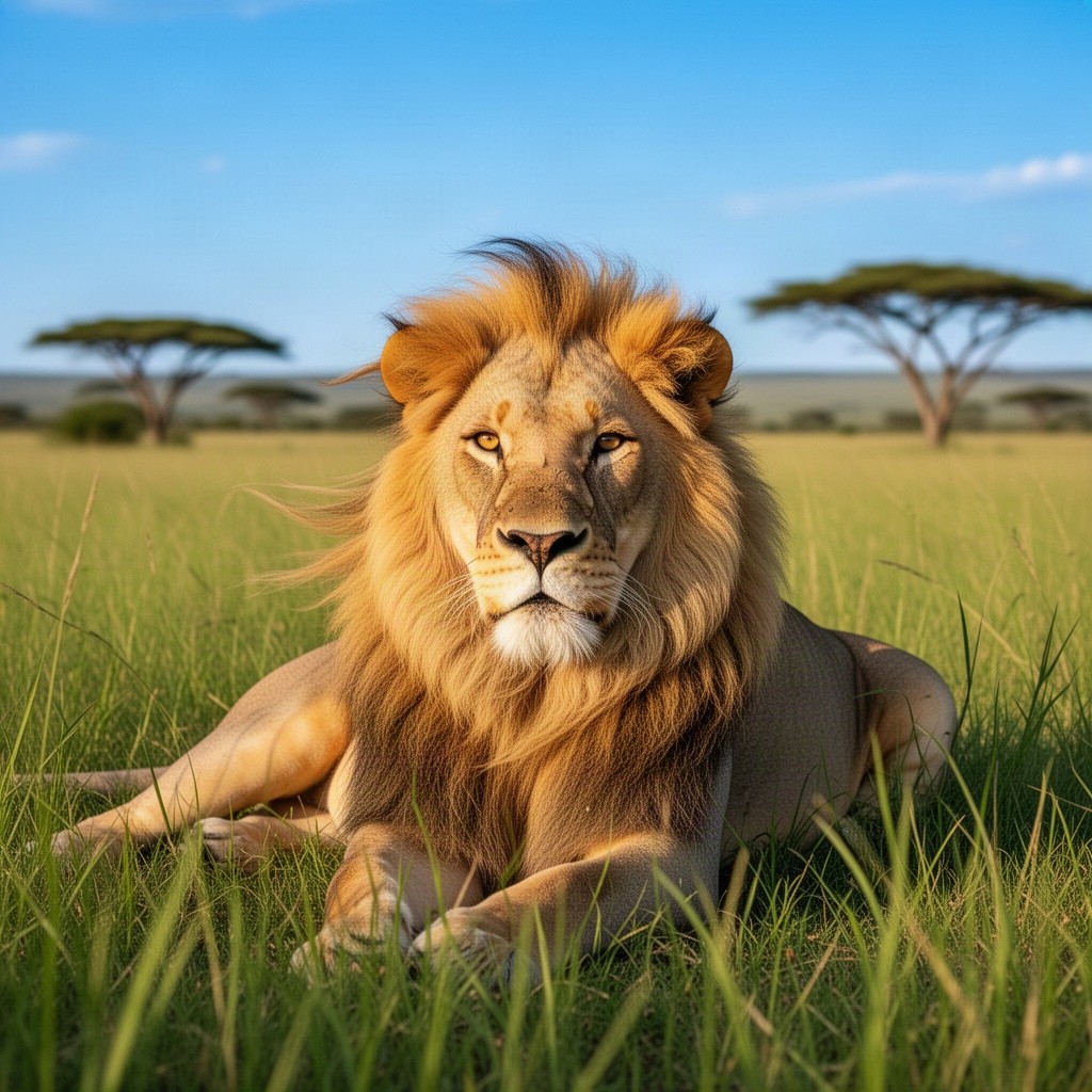 A majestic lion resting in a lush green savannah under a bright blue sky, its golden mane gently flowing in the warm breeze, showing its powerful physique and piercing amber eyes