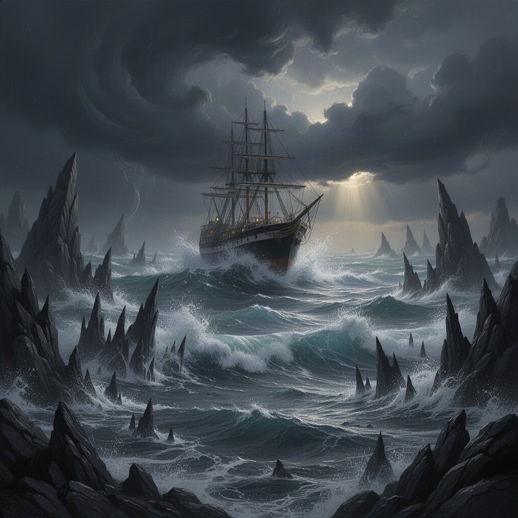 A dramatic scene of a large ship bravely navigating through a treacherous sea filled with dark, sharp rocks