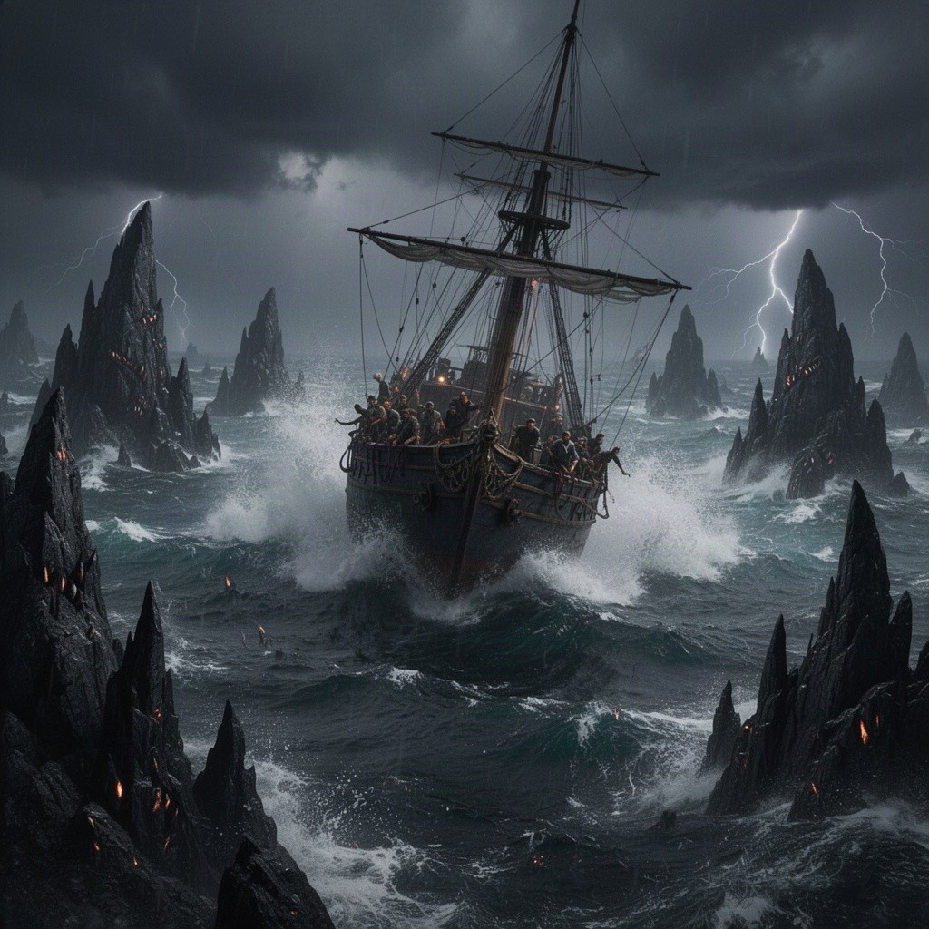 A thrilling video scene capturing a large ship courageously crossing a perilous sea filled with ominous, dark sharp rocks
