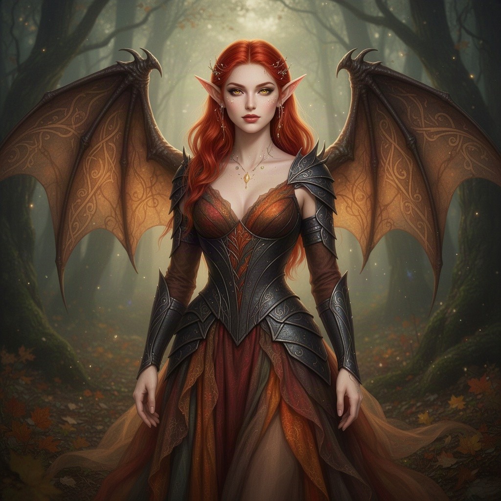 A beautiful high-fae character featuring Illyrian hazel eyes, striking fire-red hair, and skin with Illyrian tarn tones