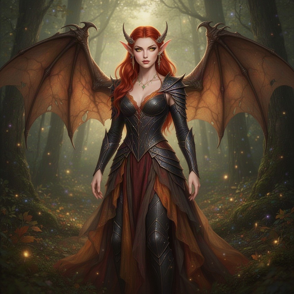 A captivating high-fae character with striking Illyrian hazel eyes and vibrant fire-red hair, complemented by skin in the rich tones of Illyrian tarn