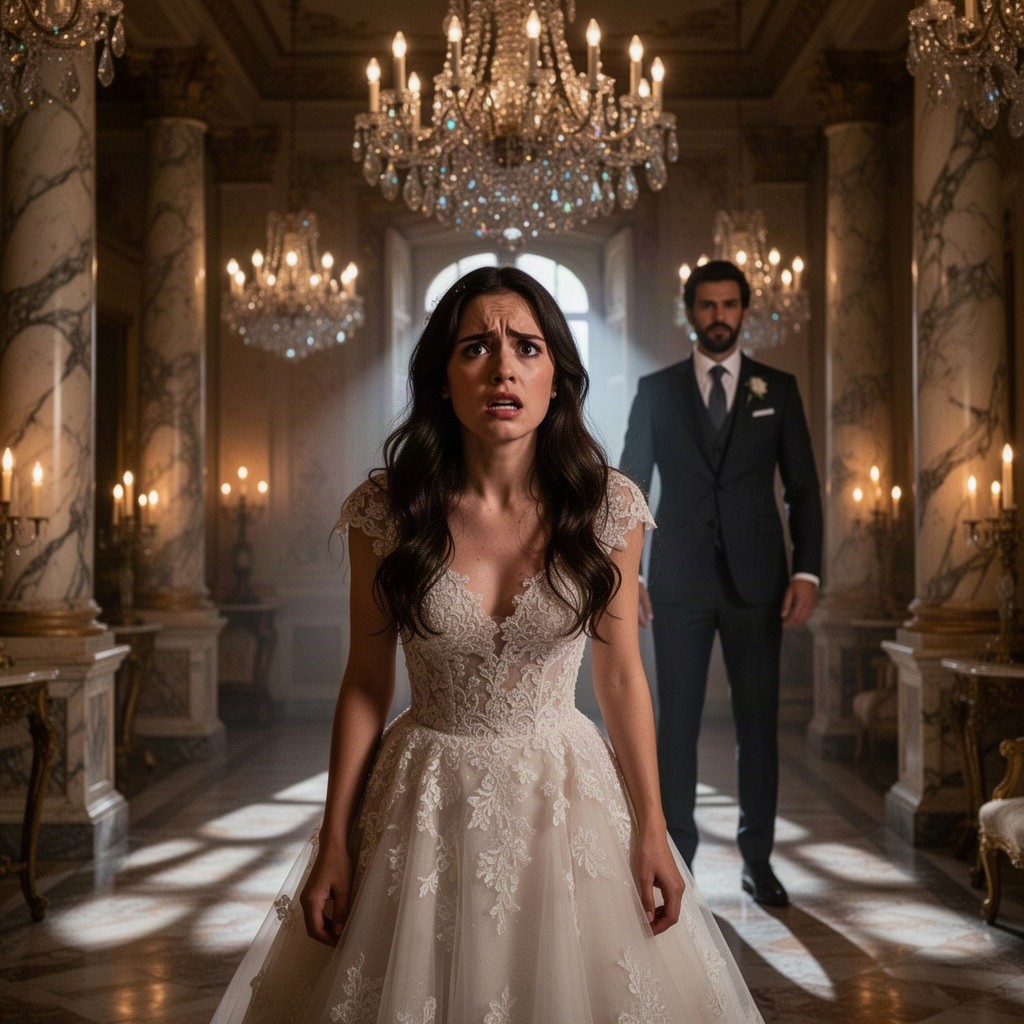 A dramatic scene depicting Carolina, a young woman with long dark hair, looking distressed yet determined, standing in a lavish Italian villa adorned with sparkling chandeliers and marble pillars