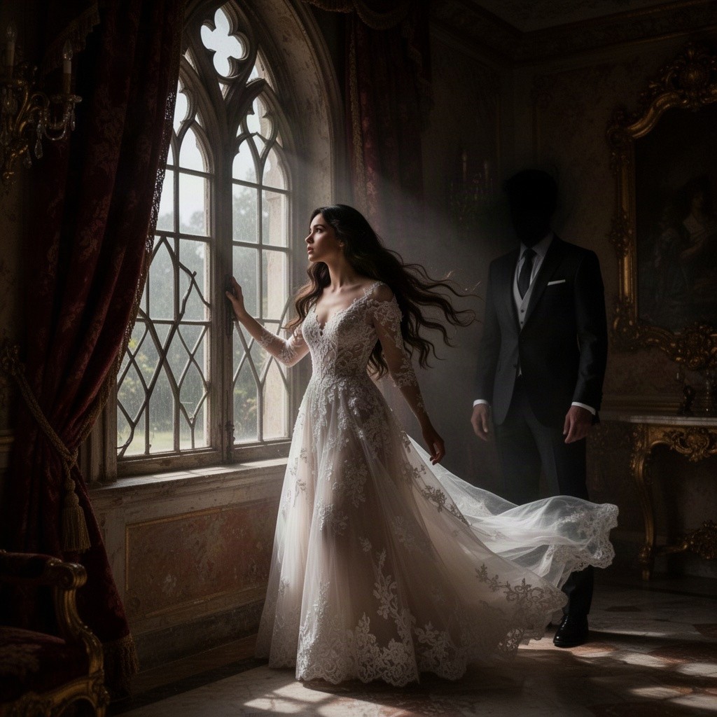 A mysterious and enchanting scene depicting Carolina, a young woman with flowing dark hair, standing in an opulent, dimly lit Italian villa