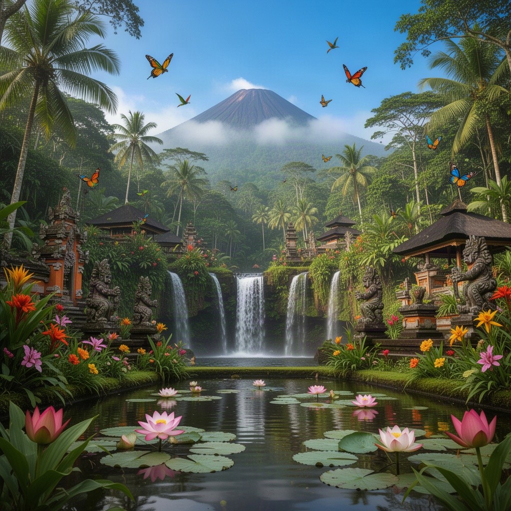 A beautiful landscape of Indonesia showcasing a lush tropical rainforest with vibrant green foliage, exotic flowers, and cascading waterfalls
