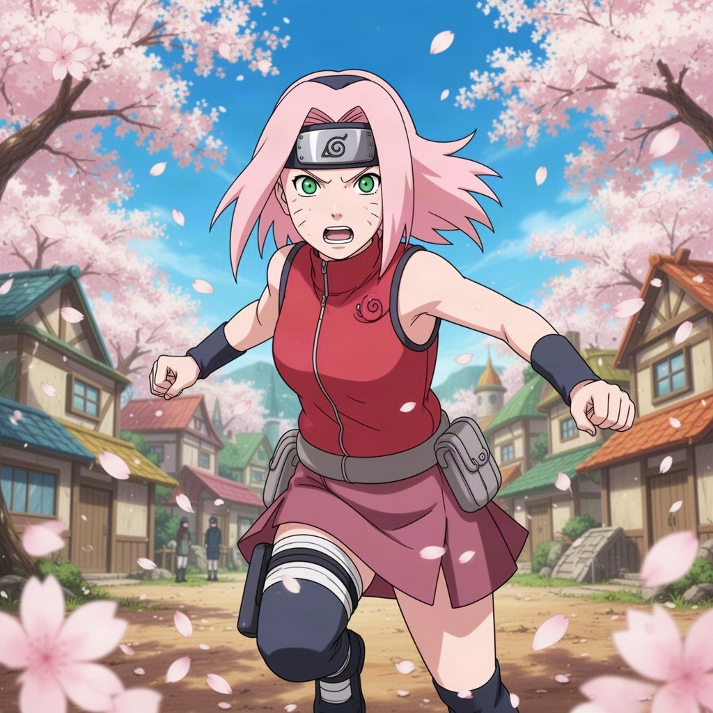 A detailed illustration of Sakura Haruno from Naruto, showcasing her iconic pink hair and green eyes, wearing her shinobi outfit with a red sleeveless top and a short skirt