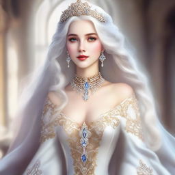 An elegant princess with flowing white hair, adorned in regal attire.