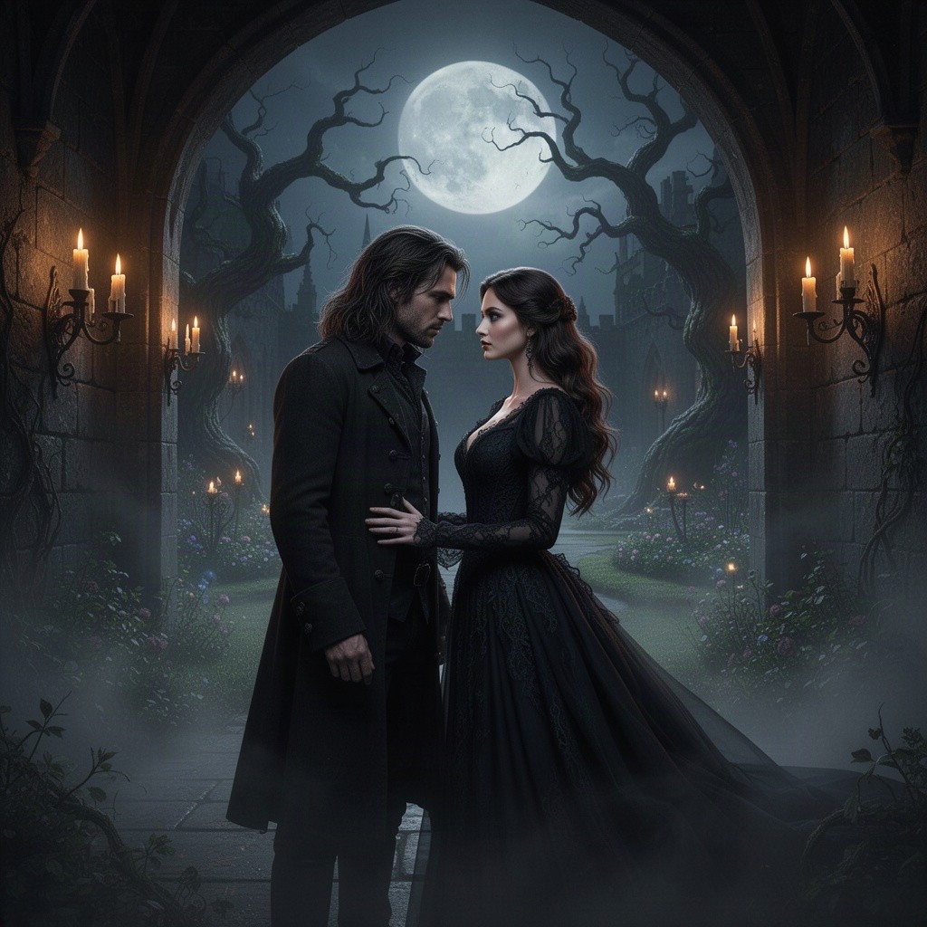 A captivating dark romance scene set in a mysterious, gothic-style castle surrounded by swirling mist