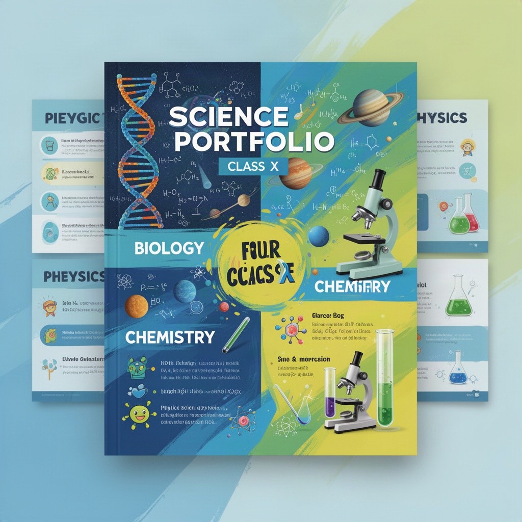 A visually appealing and colorful science portfolio for class X, showcasing various scientific topics such as biology, chemistry, and physics