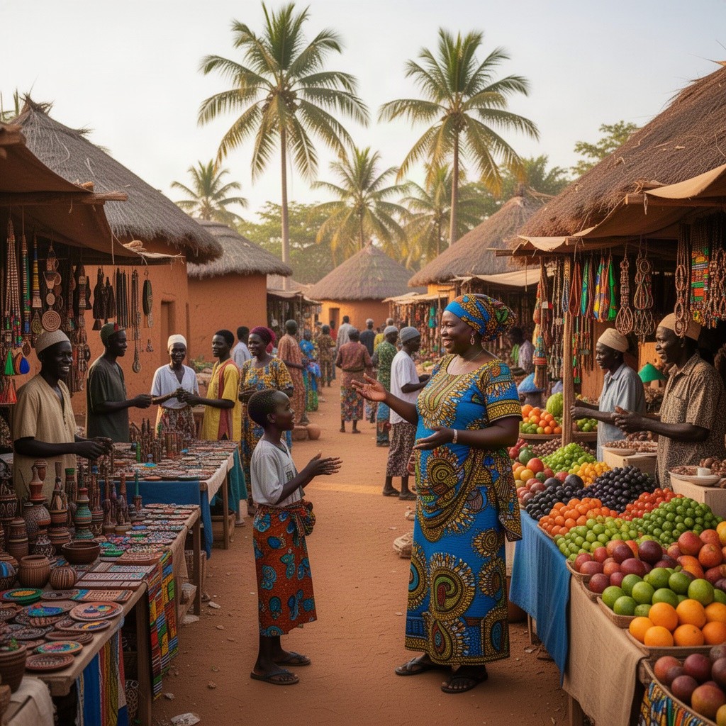 A vibrant scene depicting a lively African market filled with colorful stalls selling an array of traditional crafts, handmade textiles, and fresh produce
