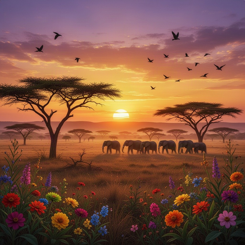 A vibrant and diverse African landscape featuring a sunset over the savannah, with silhouettes of acacia trees and a herd of elephants grazing in the distance