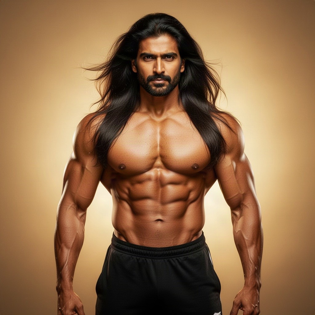 A powerful 40-year-old Indian man with a well-defined muscular physique, showcasing long, flowing dark hair that cascades down his shoulders