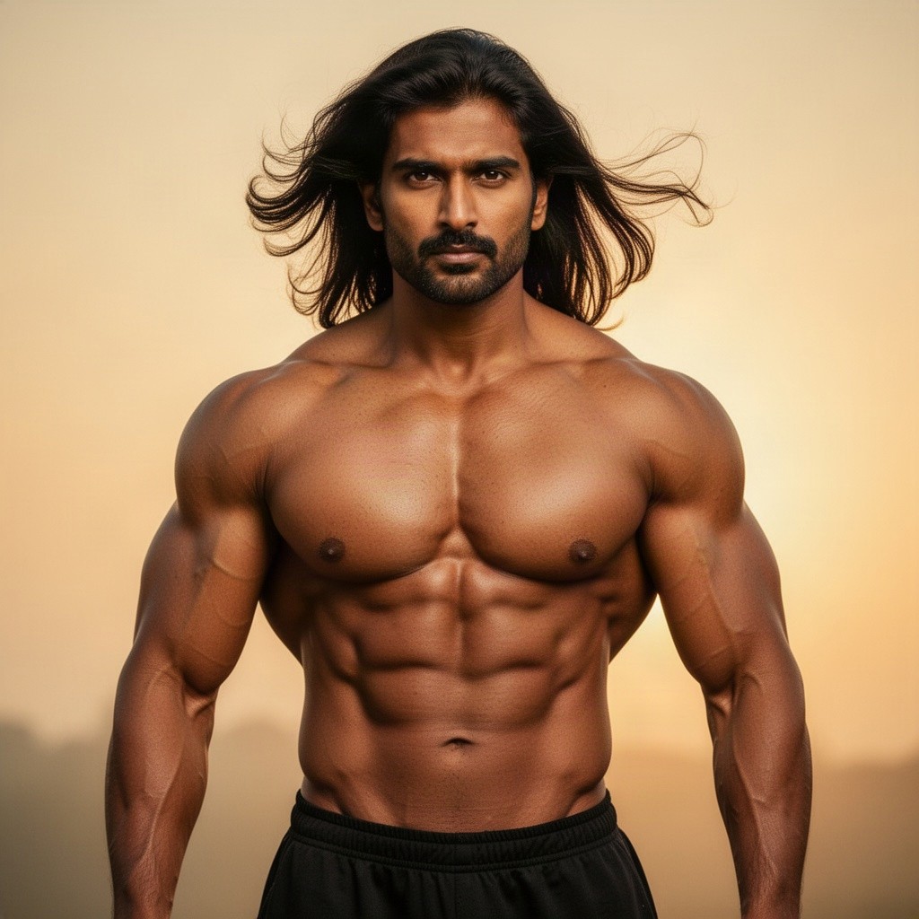 A powerful 40-year-old Indian man with a well-defined muscular physique, featuring medium-long flowing dark hair that gently moves with the breeze