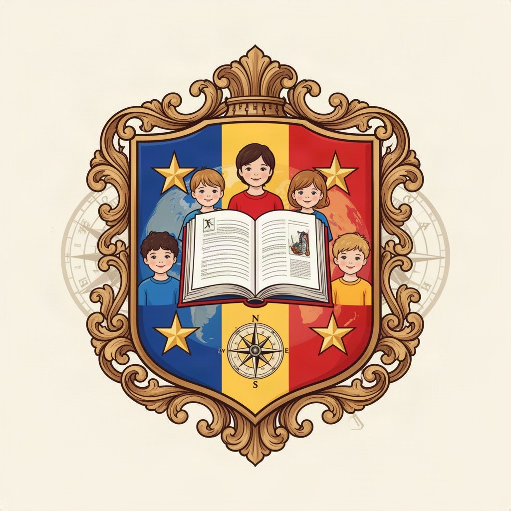 A stylish and symbolic heraldic coat of arms for a Romanian language teacher who has four children, representing a united family and a love for reading and travel