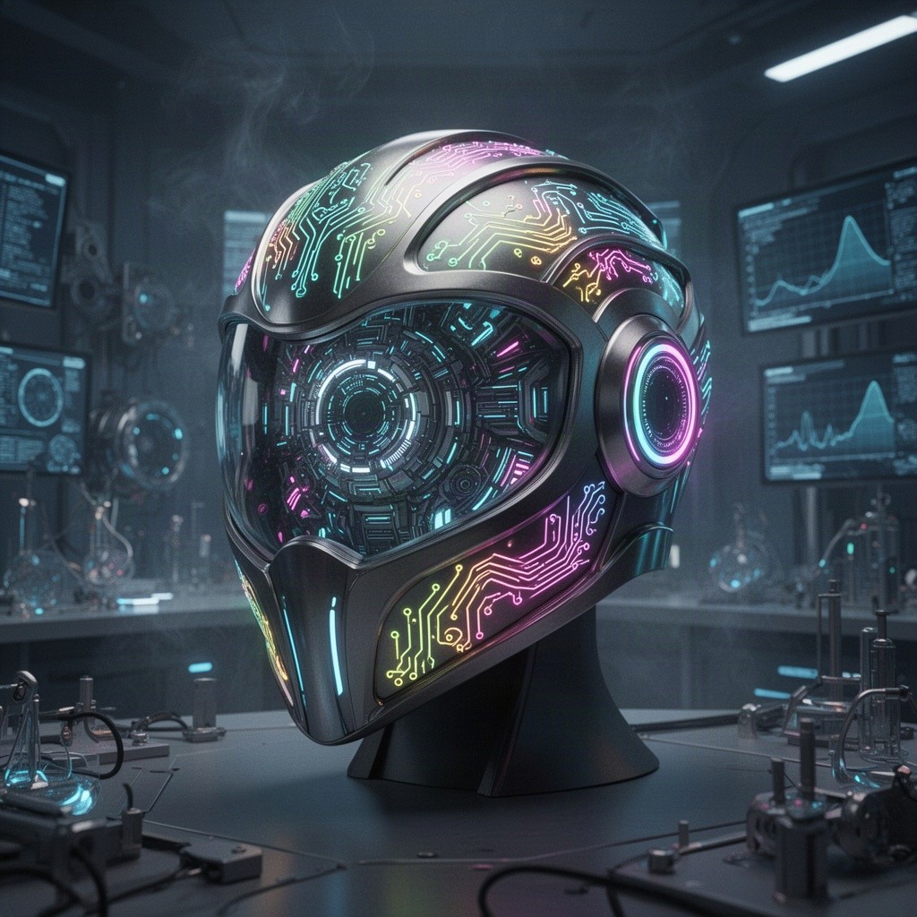 A futuristic hypno helmet designed for mind control, featuring intricate circuitry and glowing patterns