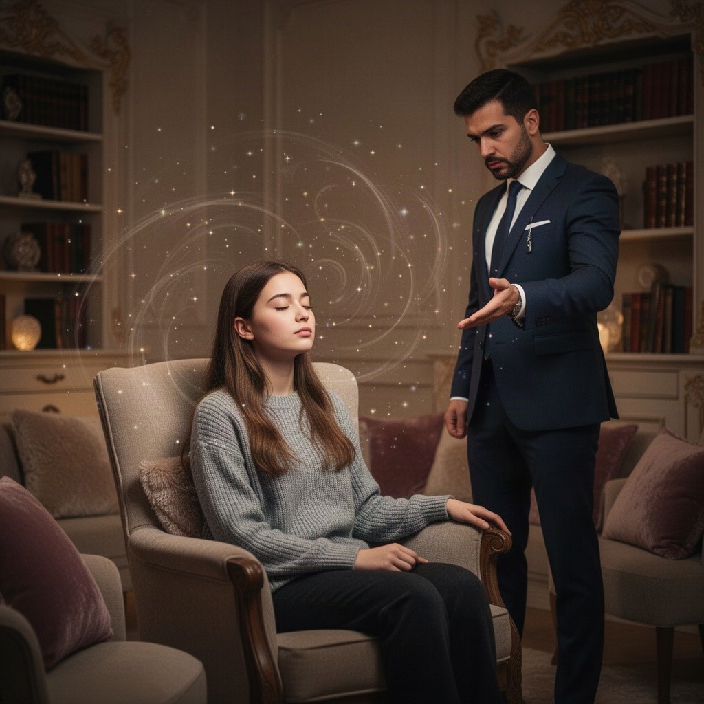 A mesmerizing scene of a young woman sitting in a comfortable chair, her eyes gently glazed over as she is being hypnotized