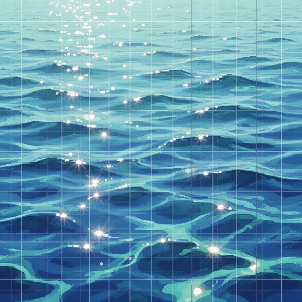 A colorful 64x64 pixel art texture representing a stunning water surface with intricate reflections and gentle wave patterns