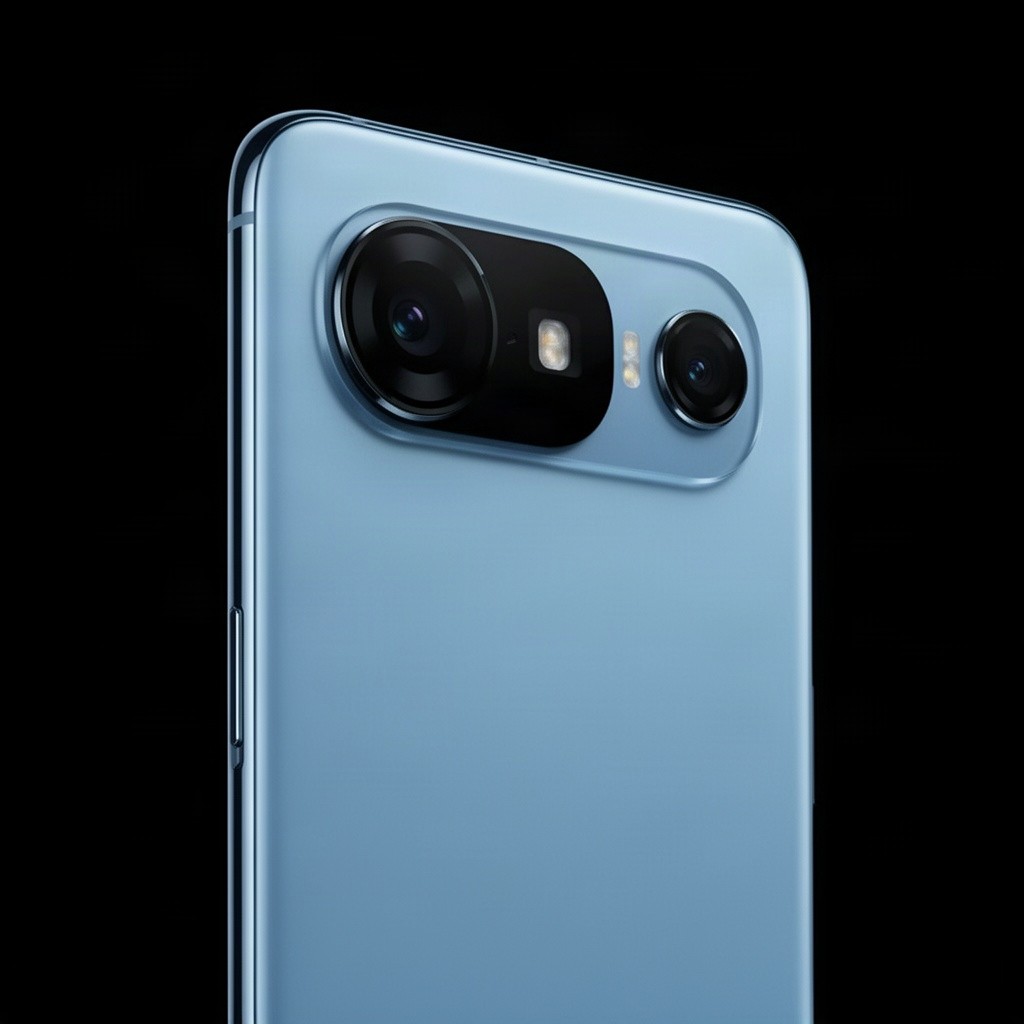 A light blue smartphone with sharp edges, featuring a horizontally wide and slightly vertically stretched camera block