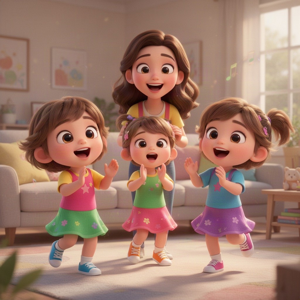 A vivid 3D animated scene showcasing a loving mother and her two adorable preschool children in a bright, cheerful living room