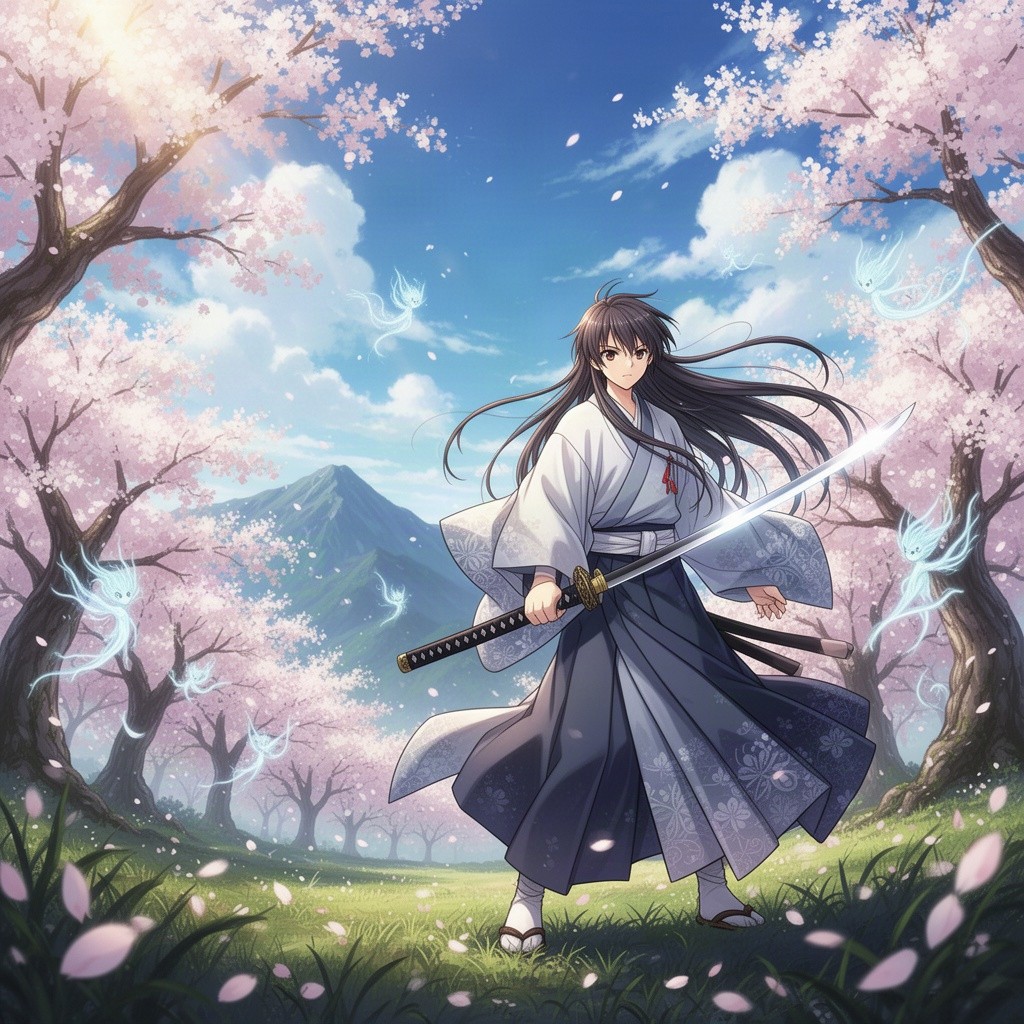 A vibrant anime scene showcasing a fantastical landscape with cherry blossom trees in full bloom