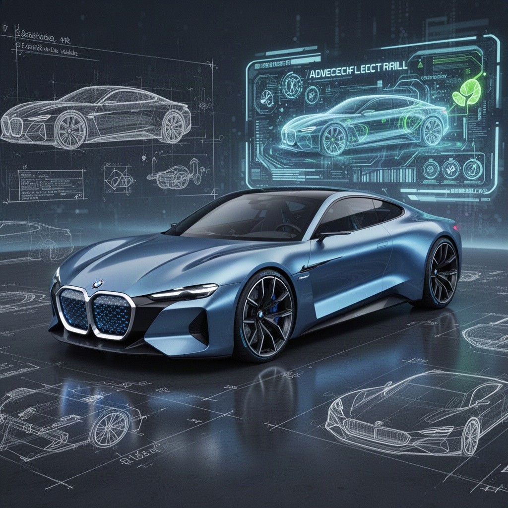 A high-tech futuristic car design combining features of a BMW and a Porsche, showcasing sleek lines and a modern aerodynamic shape