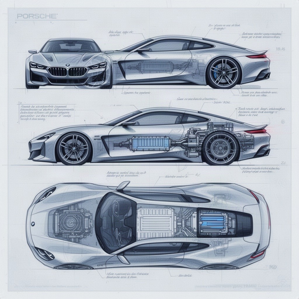 A detailed blueprint illustration of a high-tech futuristic car that merges the design elements of a BMW and a Porsche