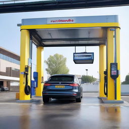 A sleek car pulling up to a gantry, with the automated lift gate of a car wash stationed six meters away.