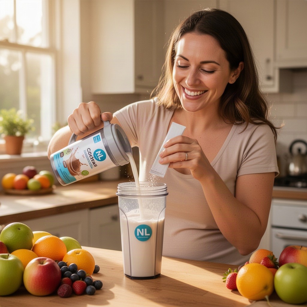 A busy mother on maternity leave in a cozy kitchen, smiling as she prepares a delicious health shake