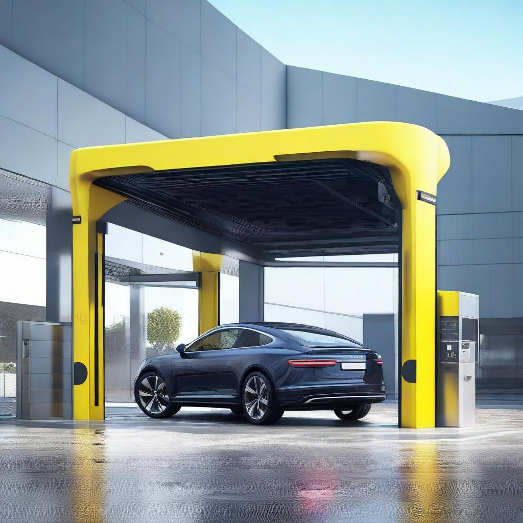 A sleek car pulling up to a gantry, with the automated lift gate of a car wash stationed six meters away.