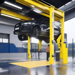 A sleek car pulling up to a gantry, with the automated lift gate of a car wash stationed six meters away.