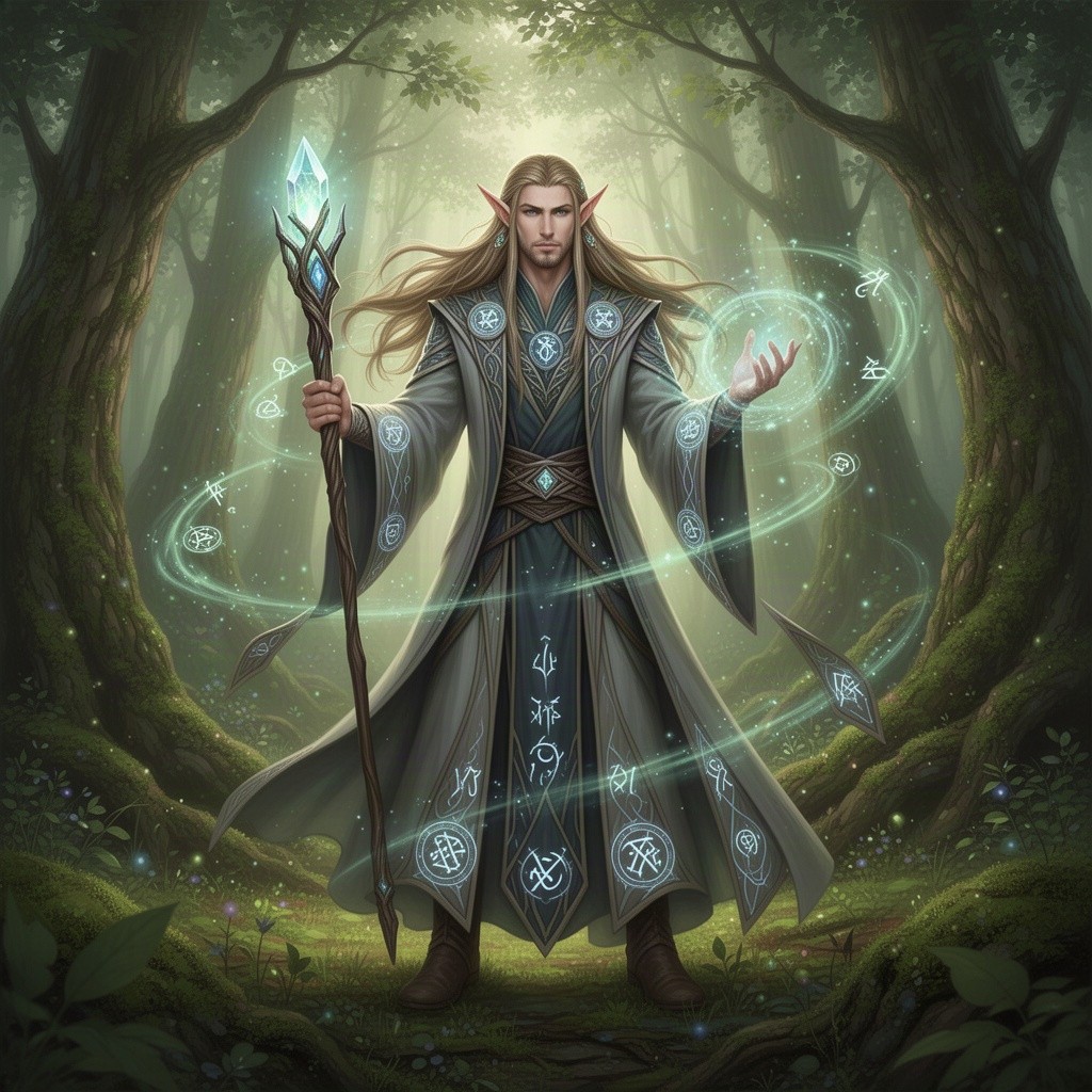 A majestic half-elf wizard standing tall in an enchanting forest, with flowing long hair and pointed ears that hint at his elven heritage