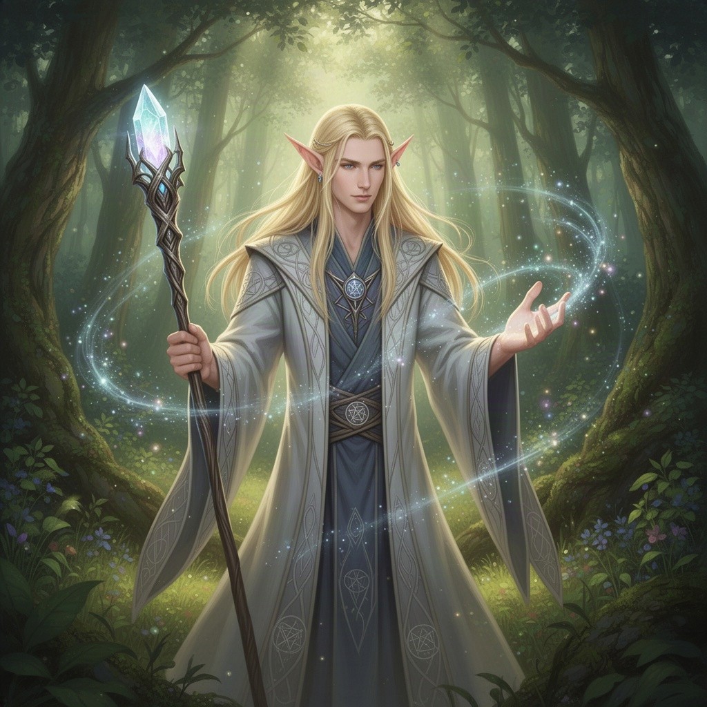 A slender blond half-elf wizard with delicate features standing in a magical forest
