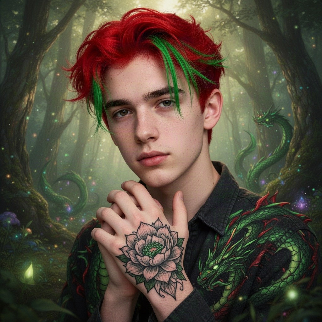 A seventeen-year-old male with striking red hair featuring vibrant green streaks, embodying a dragon-inspired aesthetic